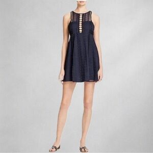 Free People Lace Dress XS S Ladder Stich A-Line Mini Dress Navy Sleeveless